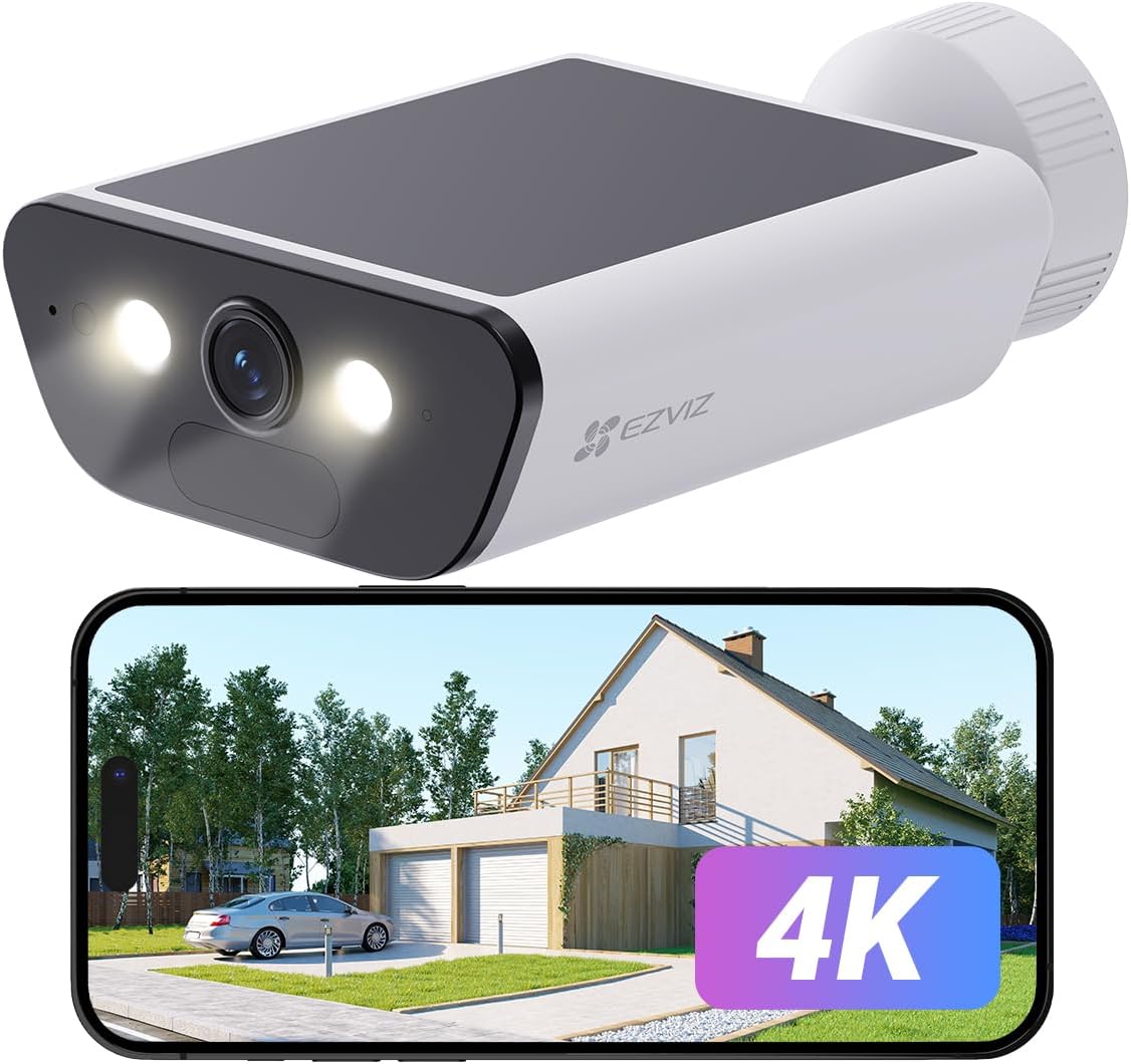 EZVIZ CB5 4K Solar Security Camera Outdoor Wireless 2-IN-1 Built-in Solar Panel, Color Night Vision, Human Detection, Vehicle Detection, Two Way Audio, Weatherproof, Alexa Compatible, White