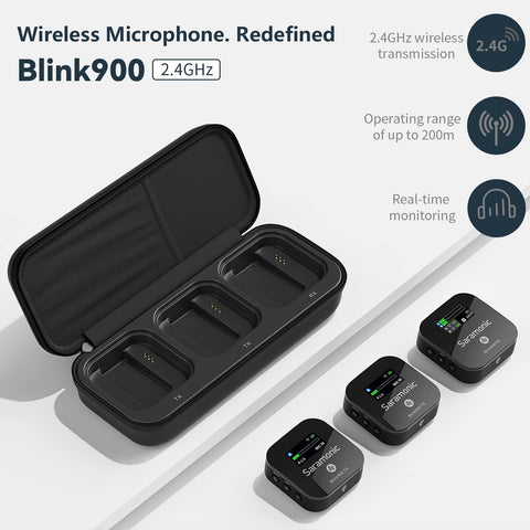 Saramonic 2-Person Wireless Mic System with Premium Lavaliers for Cameras, Mobile Devices & More with Charging Case and TRS, TRRS, Lightning, USB-C Output Cables (Blink 900 B2) (Blink900 B2)