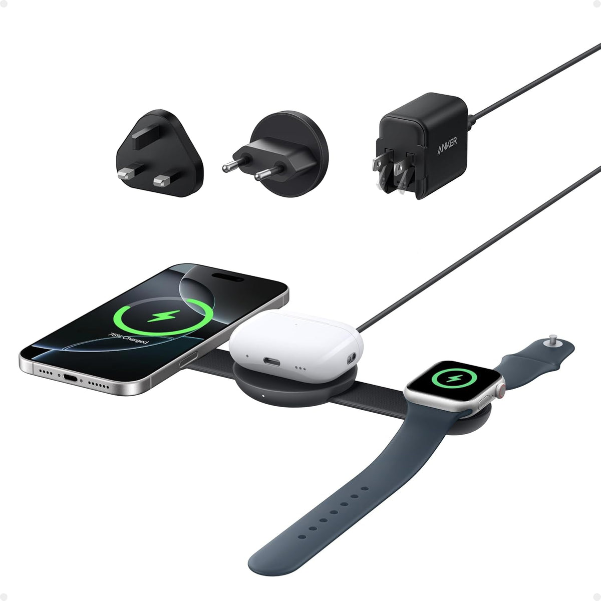 Anker MagSafe Compatible MagGo UFO 3-in-1 Charger, iPhone 17 Wireless Charging Station, 15W Qi2 Certified, Foldable Travel Charging Pad, for iPhone 17/16/15, AirPods, Apple Watch (Not a Power Bank)