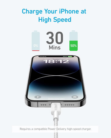 ANKER MFi Certified Type C to Lightning Cable 100W, Braided 3ft White, Super Fast iPhone Charging Cable (50% Charge in 30 mins), Data Sync Compatibility & Power Delivery (PD)