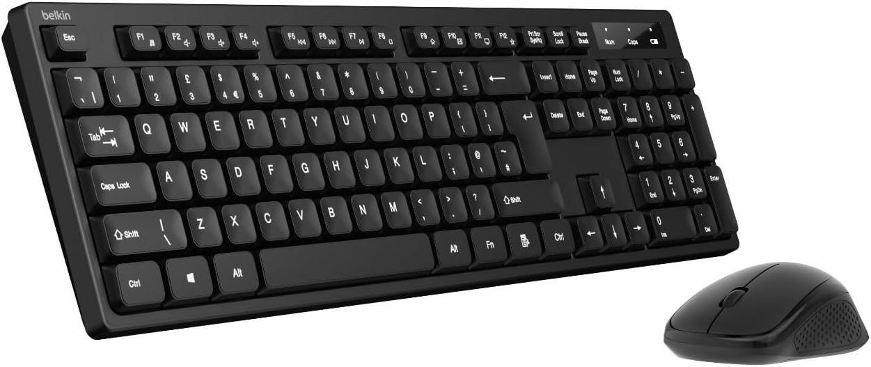 Belkin Wireless Keyboard and Mouse with USB-A Receiver - Keyboard Set with Wireless Mouse, Ergonomic Design for Home, Office, Desk, Compatible with Laptop, PC, Windows - Batteries Included
