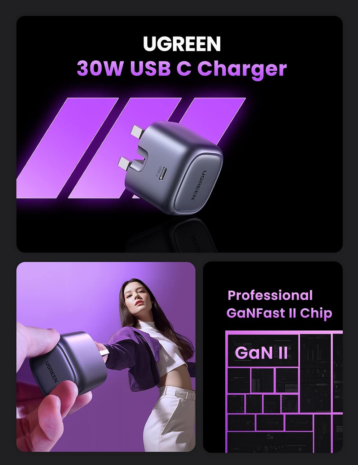 UGREEN 30W Charger with Cable for iPhone 16 Pro Cable Nexode GaN USB C Power Adapter Foldable Samsung Charger Type C Plug Set with 1M 60W USB Cable for iPhone 16 Pro Max/15, iPad, Galaxy S25, etc
