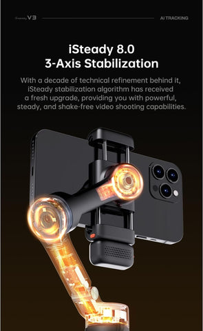 hohem Gimbal Stabilizer for Smartphone iSteady V3,Portable Phone Stabilizers with Al Tracker Detachable Remote Control Built-in Extension Rod/Tripod 3-Axis Stabilization 3-Color Fill Light
