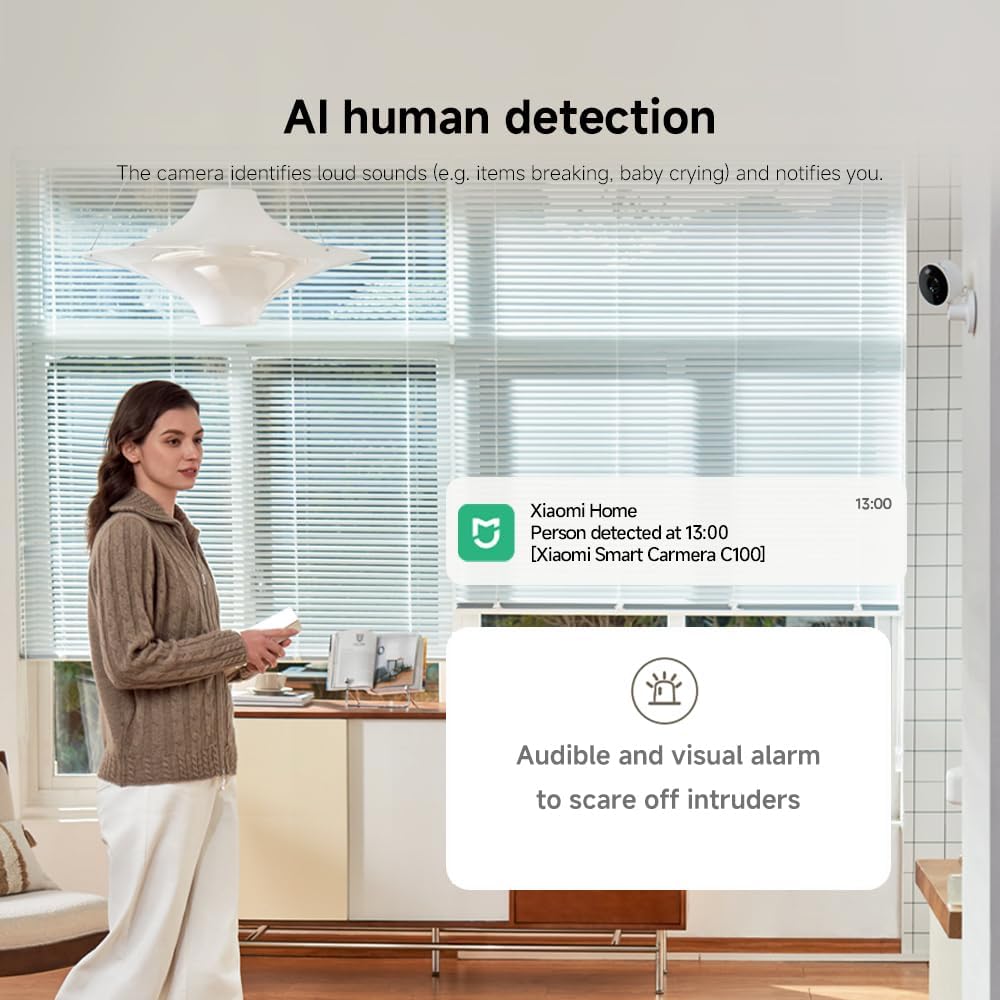 Xiaomi Smart Camera C100, 2K Indoor Security Camera, 360° View, Night Vision, Two-Way Audio, Motion Detection, Works with Alexa