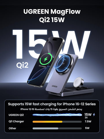 UGREEN MagFlow Qi2 15W Wireless Charger, 3 in 1 Fast Charging Qi2 Certified Charger Stand, Foldable Magsafe Compatible with iPhone 16/15/14/13/12, AirPods 4/3/2, Apple watch with 1M Cable
