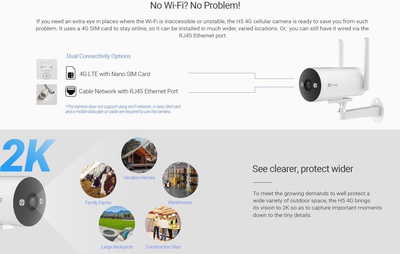EZVIZ H5 4G Outdoor Smart Security Camera, 3MP, 2K Color Night Vision, Two-Way Talk,
