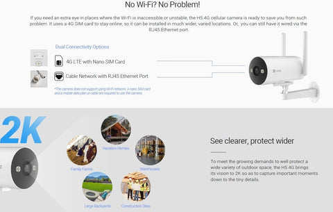 EZVIZ H5 4G Outdoor Smart Security Camera, 3MP, 2K Color Night Vision, Two-Way Talk,
