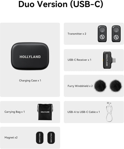 Hollyland LARK A1 DUO Type-C Version Wireless Microphone for iPhone 15/16 & Android, Pure Sound, 3-Level Intelligent Noise Cancellation, Magnetic Mini Microphone for Vlogging, YouTube, Podcast, TikTok