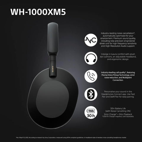 Sony WH 1000XM5 Noise Cancelling Wireless Headphones 30 hours battery life Over ear style Optimised for Alexa and the Google Assistant with built in mic for phone calls Black, One Size