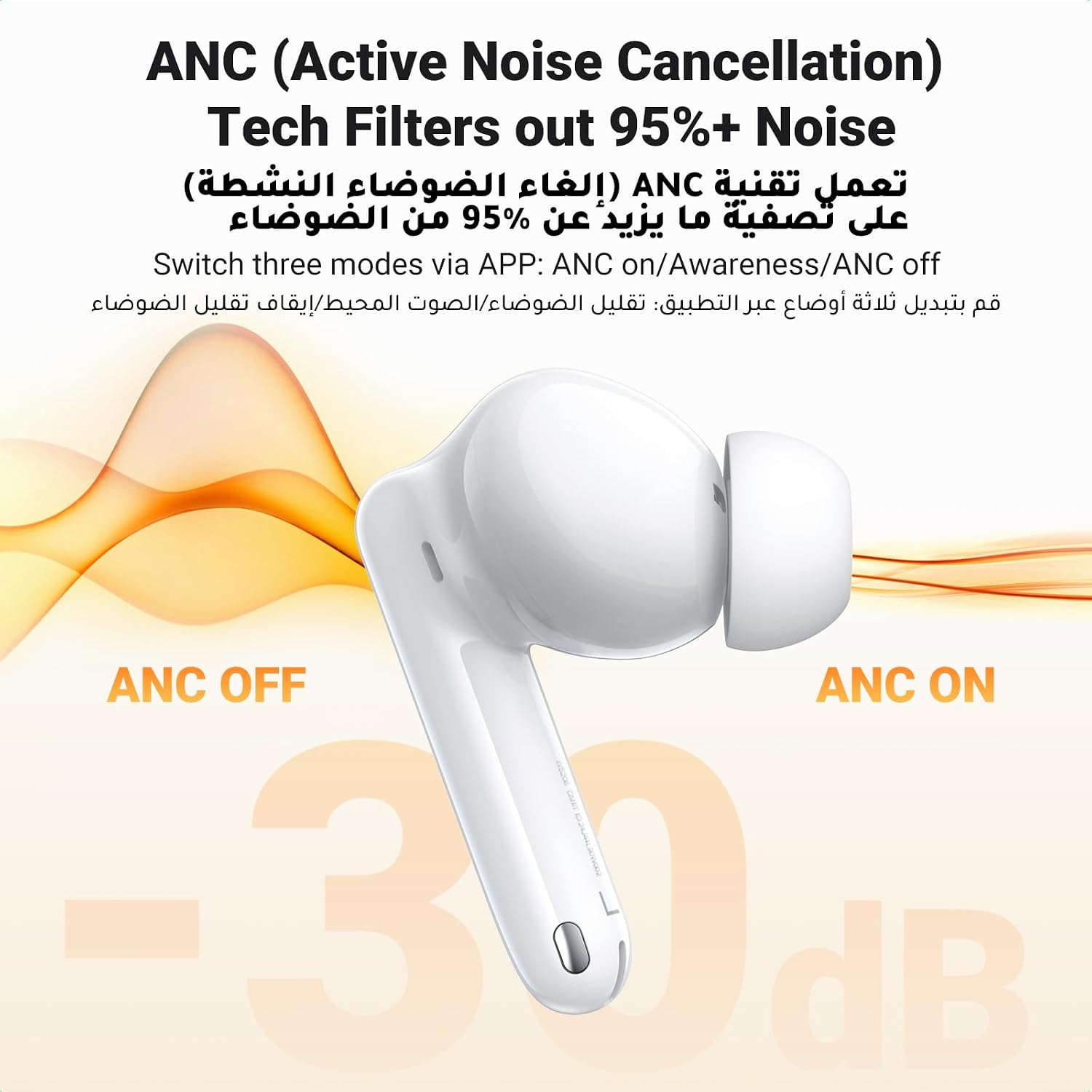UGREEN HiTune T3 Pro Bluetooth 5.4 Earbuds, Active Noise Cancellation Earphones, 4 Mics ENC Clear Call Headsets, 30H Playtime USB C Fast Charging, IPX5 Waterproof, Customised APP 2 Devices Connection