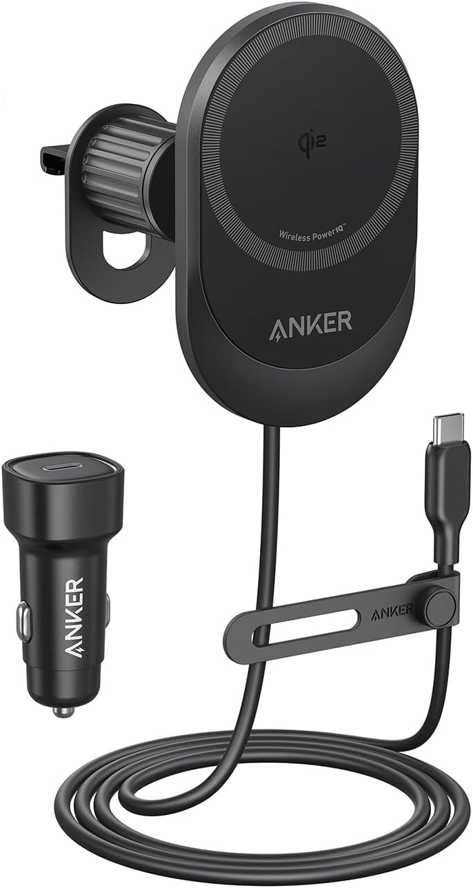 Anker MagSafe Wireless Car Charger Compatible, MagGo Fast 15W Car Charger, 360° Adjustable Angle and Strong Magnets, Car Phone Holder Mount, for iPhone 15/14 Series (Cable and Adapter Included), Black