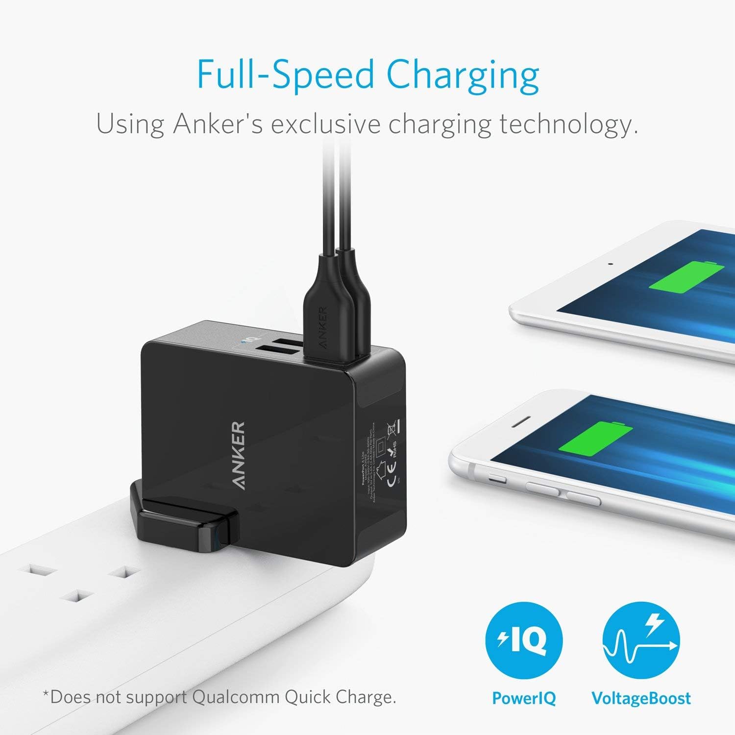 Anker USB Plug Charger 5.4A/27W 4-Port USB Charger, PowerPort 4 Lite with Interchangeable UK and EU Travel Charger, Adapter for iPhone XS/XS Max/XR/X/8, Galaxy S8/Note 3, iPad Air 2/mini 3, and More
