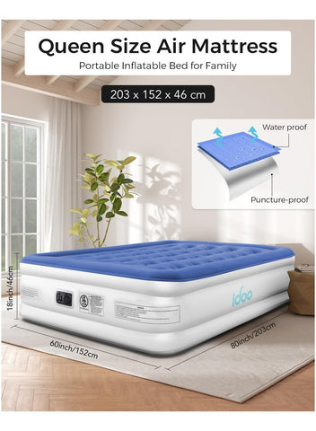 iDOO iDOO Inflatable Mattress with Inflation and Deflation Pump in Just 3 Minutes, for Home, Travel and Camping, 203 x 152 x 46 cm, Maximum Weight: 295 kg (Double Bed), Blue | Best Price UAE | Dubai, Abu Dhabi