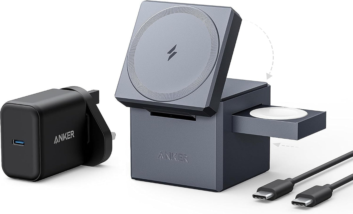 Anker 3-in-1 Cube Compatible with MagSafe - 15W Fast Charging, Foldable Wireless Charge Station for Apple Watch, iPhone 17/16/15, and AirPods Pro (Charger and Interchangeable Plugs Included)