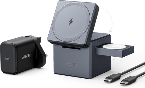 Anker 3-in-1 Cube Compatible with MagSafe - 15W Fast Charging, Foldable Wireless Charge Station for Apple Watch, iPhone 17/16/15, and AirPods Pro (Charger and Interchangeable Plugs Included)
