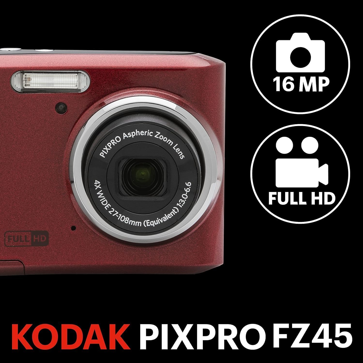 KODAK Compact Cameras - FZ45 RD - 4x CMOS - AA Batteries | 16MP Sensor, 2.7 LCD, Full HD 1080p Video, Uses 2×aa Batteries