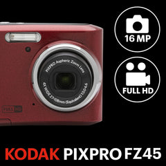 KODAK Compact Cameras - FZ45 RD - 4x CMOS - AA Batteries | 16MP Sensor, 2.7 LCD, Full HD 1080p Video, Uses 2×aa Batteries