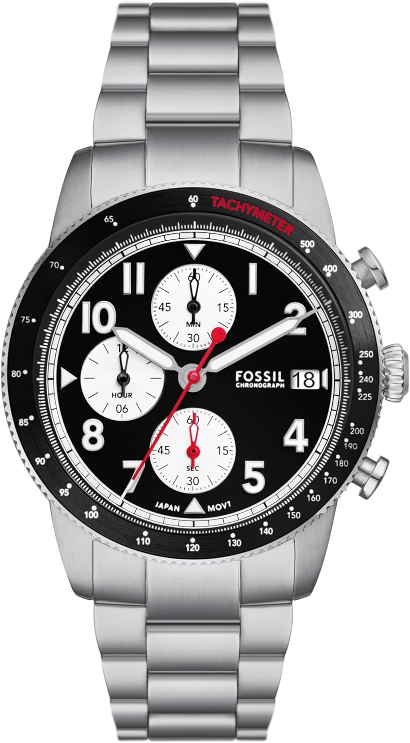 Fossil Men's Sport Tourer Quartz Stainless Steel Chronograph Watch, Color: Silver/Black (Model: FS6045)