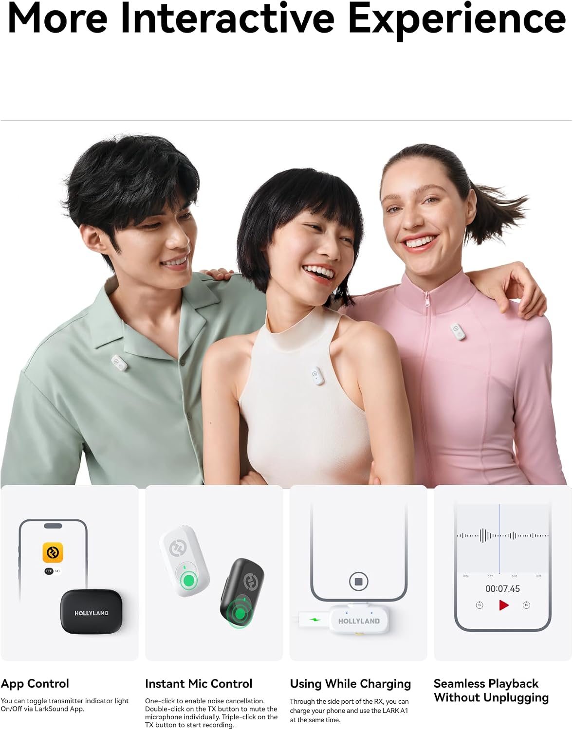 Hollyland LARK A1 DUO Type-C Version Wireless Microphone for iPhone 15/16 & Android, Pure Sound, 3-Level Intelligent Noise Cancellation, Magnetic Mini Microphone for Vlogging, YouTube, Podcast, TikTok