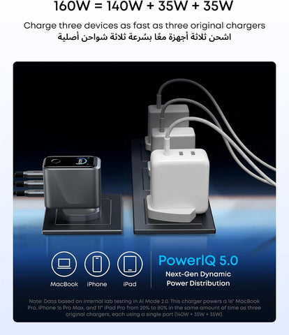 Anker Prime USB C Charger, 160W 3-Port Compact USB C GaN Charger, Smart Display and Touch Control, 140W Any-Single-Port Charging for MacBook, iPad, iPhone 17/16 Series, and More (Cable Not Included)