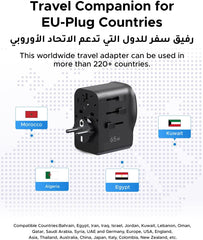 UGREEN GaN Universal Travel Adapter Worldwide Plug with 3 USB Ports PD 65W | GaN International Charger, 65W USB Fast Charging, 2 USB-C+1 USB-A Ports, Power 4 Devices Simultaneously, Broad Compatibility