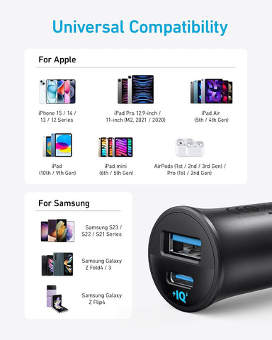 Anker USB-C Car Charger, 30W 2-Port Type-C Car Adapter,iPhone 17/16 /15/14 Series, Samsung Galaxy S26/S25/S24 Series, iPad Pro, AirPods, Huawei and More