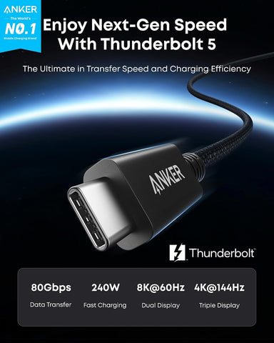 Anker Prime TB5 Cable, 3.3 FT USB C to USB C, 240W Charging Thunderbolt 5 Cable, 80Gbps Data Transfer, Supports 8K/4K Displays, for iPhone 17/16 Series, MacBook Air, and More (Thunderbolt 5-Certified)