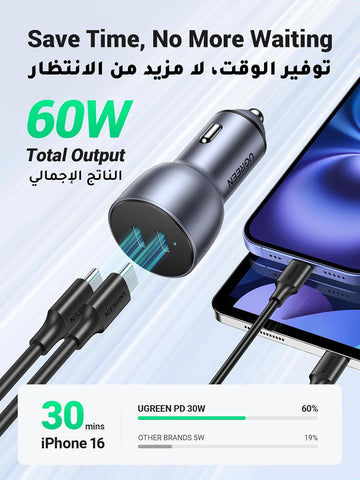 UGREEN Car Charger Fast Charging 60W 2×USB C Port for iPhone，Samsung | Works seamlessly with iPhone,Samsung,MacBook,and all USB-C/A devices,Charge 2 devices simultaneously,for daily commute
