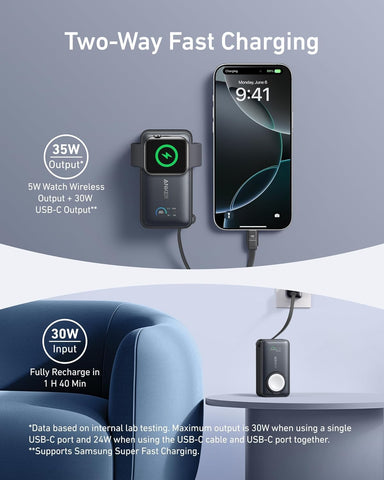 Anker MagGo Power Bank for Apple Watch, Officially Certified 10,000mAh Compact Portable Charger with Built-In USB-C Cable, 35W Max Battery Pack, For iPhone 16/15 Series, iPad, AirPods, and More