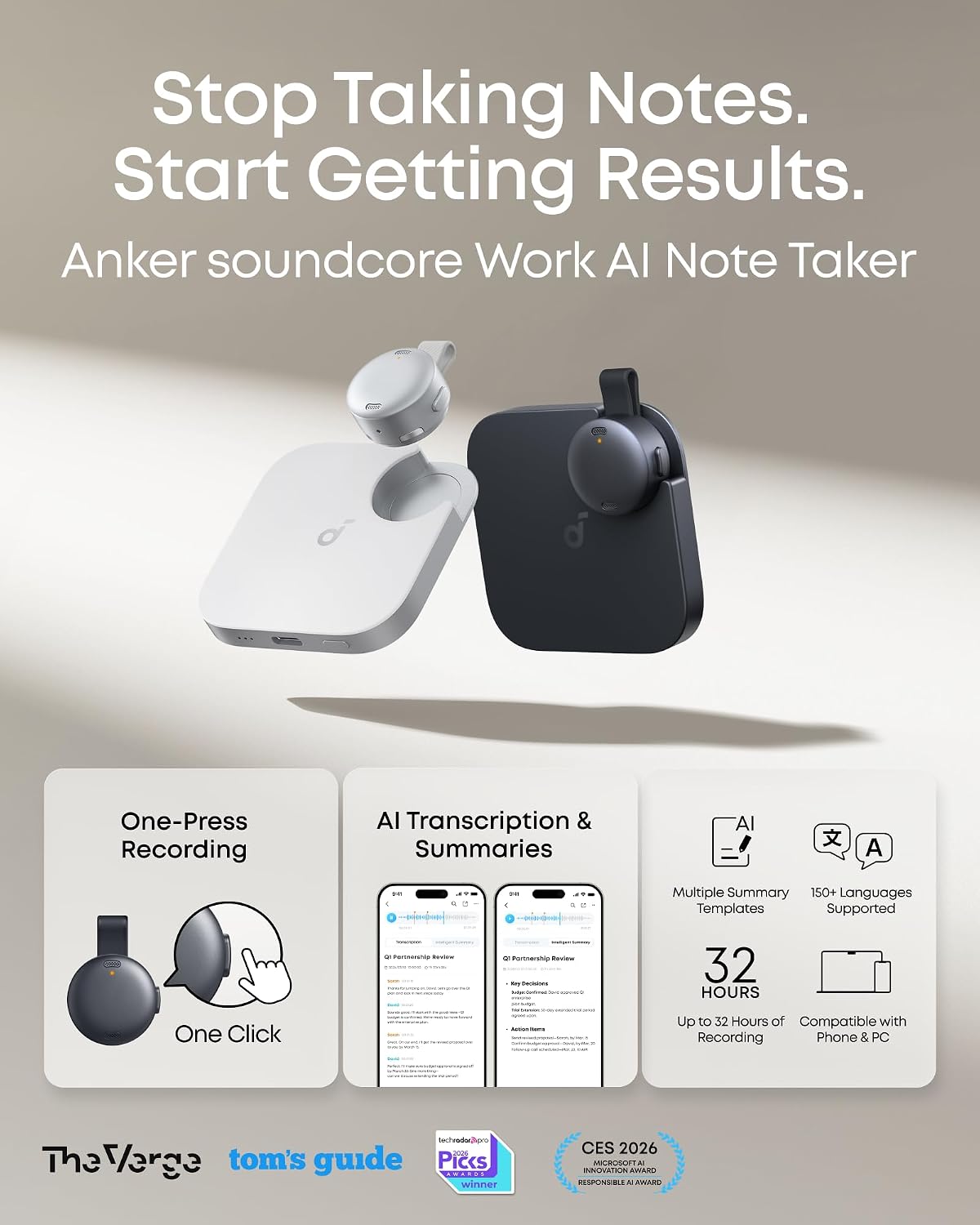 soundcore Work by Anker, Portable AI Voice Recorder,AI Note Taker, AI Transcription & Summarization, Cross - Meeting Summary, MFi Certified, Privacy Protection