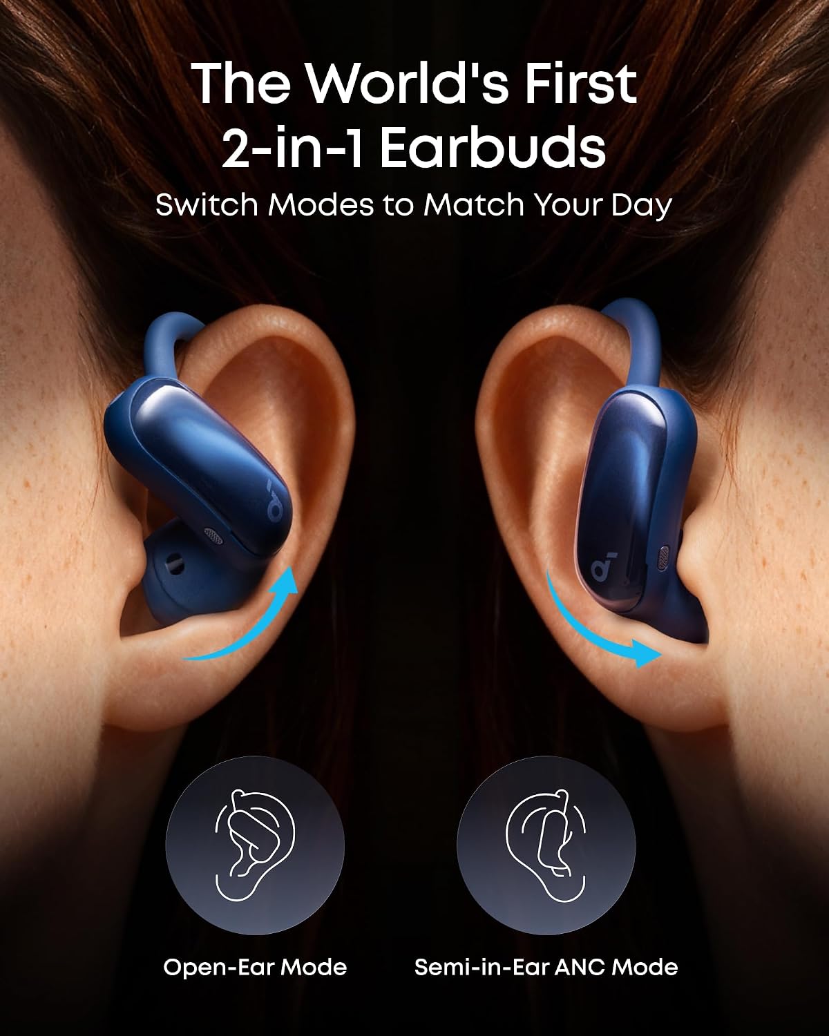 soundcore AeroFit 2 Pro by Anker, 2-in-1 Hybrid Earbuds with Awareness Mode and Focus Mode, Bluetooth 6.1, Hi-Res, LDAC, Spatial Audio, Al Clear Phone Calls, IP55, 34H Total Playtime (Blue)