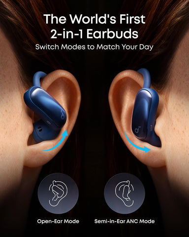 soundcore AeroFit 2 Pro by Anker, 2-in-1 Hybrid Earbuds with Awareness Mode and Focus Mode, Bluetooth 6.1, Hi-Res, LDAC, Spatial Audio, Al Clear Phone Calls, IP55, 34H Total Playtime (Blue)