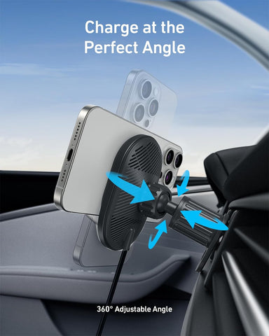 Anker MagSafe Wireless Car Charger Compatible, MagGo Fast 15W Car Charger, 360° Adjustable Angle and Strong Magnets, Car Phone Holder Mount, for iPhone 15/14 Series (Cable and Adapter Included), Black