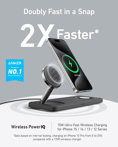 MagSafe Charger Compatible, Anker Foldable 3-in-1 Wireless Charging Station, Qi2 Certified 15W Ultra-Fast Charger, For iPhone 15 Series, AirPods, Apple Watch Ultra