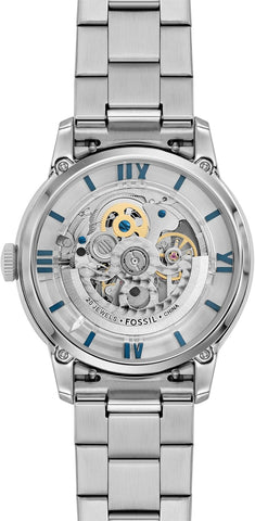 Fossil Men's Townsman Automatic Stainless Steel and Leather Three-Hand Skeleton Watch, Color: Silver/Pacific Blue Indices (Model: ME3260)