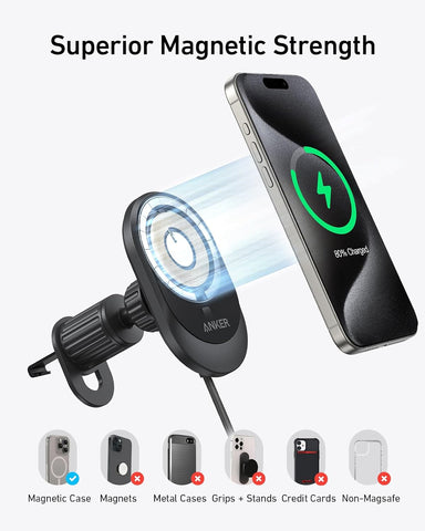 Anker MagSafe Wireless Car Charger Compatible, MagGo Fast 15W Car Charger, 360° Adjustable Angle and Strong Magnets, Car Phone Holder Mount, for iPhone 15/14 Series (Cable and Adapter Included), Black