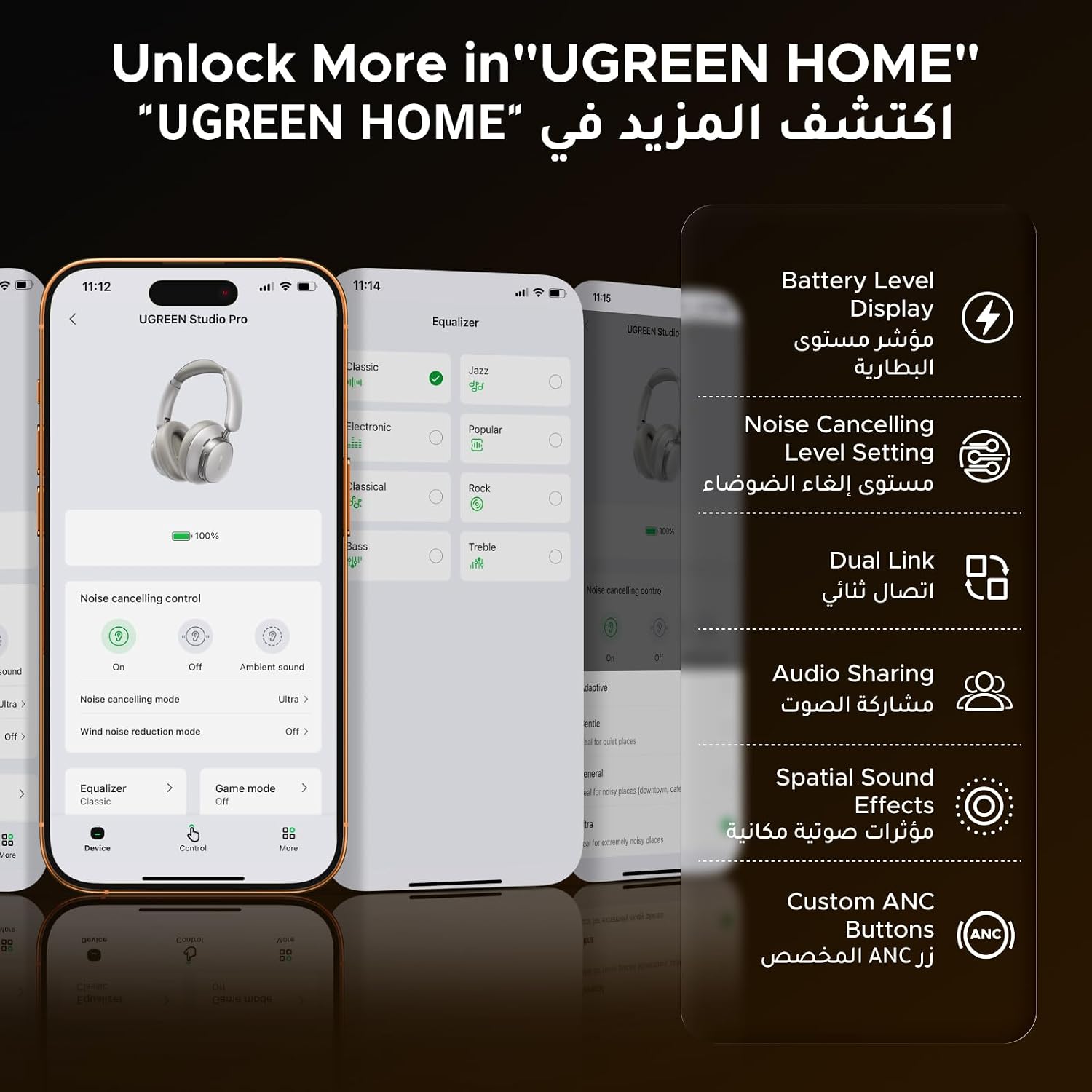 UGREEN Hitune Max6 Over-ear Headphones Wireless Active Noise Cancelling | 120H Ultra Long Battery Life, Hi-Res Audio, Bluetooth 6.0 Stable Connecting, Gaming Headset with Mic, Clear Calls, Custom EQ