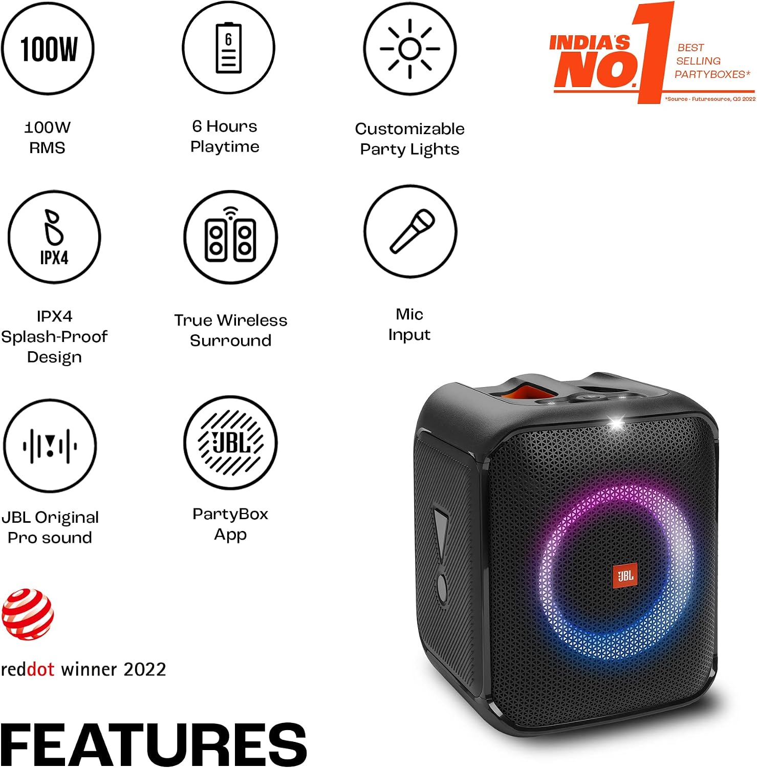 JBL Partybox Encore Essential | Portable Bluetooth Party Speaker | 100W Monstrous Pro Sound | Dynamic Light Show | Upto 6Hrs Playtime | Built-in Powerbank | Mic Support PartyBox App (Black)