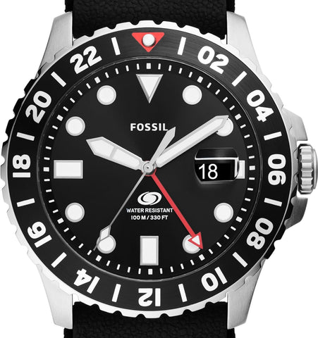 Fossil Men's Blue GMT Stainless Steel and Silicone Dual Time Watch, Color: Black Silicone (Model: FS6036)