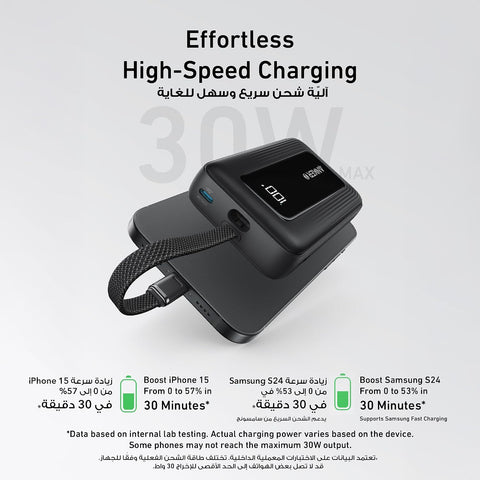 Anker Zolo Power Bank, 20,000mAh 30W High-Speed Portable Charger with Built-In USB-C Cable, Battery Pack For iPhone 17/17 Air/17 Pro/17 Pro Max/16 Series, Galaxy, and More (Black, 20000 mAh)