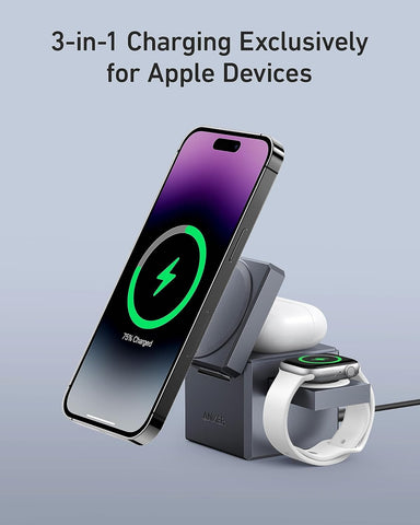 Anker 3-in-1 Cube Compatible with MagSafe - 15W Fast Charging, Foldable Wireless Charge Station for Apple Watch, iPhone 17/16/15, and AirPods Pro (Charger and Interchangeable Plugs Included)