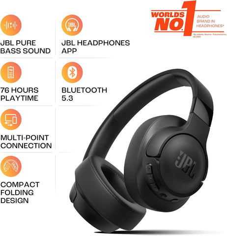 JBL Tune 720BT Wireless Over-Ear Headphones, Pure Bass Sound, Bluetooth 5.3, 76H Battery, Hands-Free Call, Multi-Point Connection, Foldable, Detachable Audio Cable - White, JBLT720BTWHT