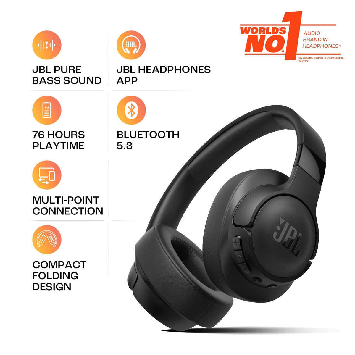 JBL Tune 720BT Wireless Over-Ear Headphones, Pure Bass Sound, Bluetooth 5.3, 76H Battery, Hands-Free Call, Multi-Point Connection, Foldable, Detachable Audio Cable - Blue, JBLT720BTBLU, Standard