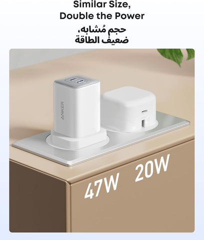 USB C Plug, Anker 47W 2-Port Fast USB C Charger, Nano 3 GaN Compact Charger for iPhone17/16/15, Samsung Galaxy S25/S24, Ultra/S24/S23, Pixel 4/3, iPad Mini, and More (Cable Not Included)