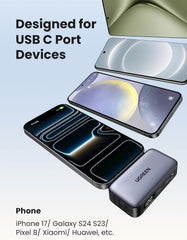 UGREEN Mini Power Bank, 5000mAh with Built-In 3.77mm Long USB C Connector | SCP 22.5W Fast Charging, pocket-sized, charging for iPhone 17/16, Galaxy S26, AirPods, Huawei, for travel/work/outdoor use