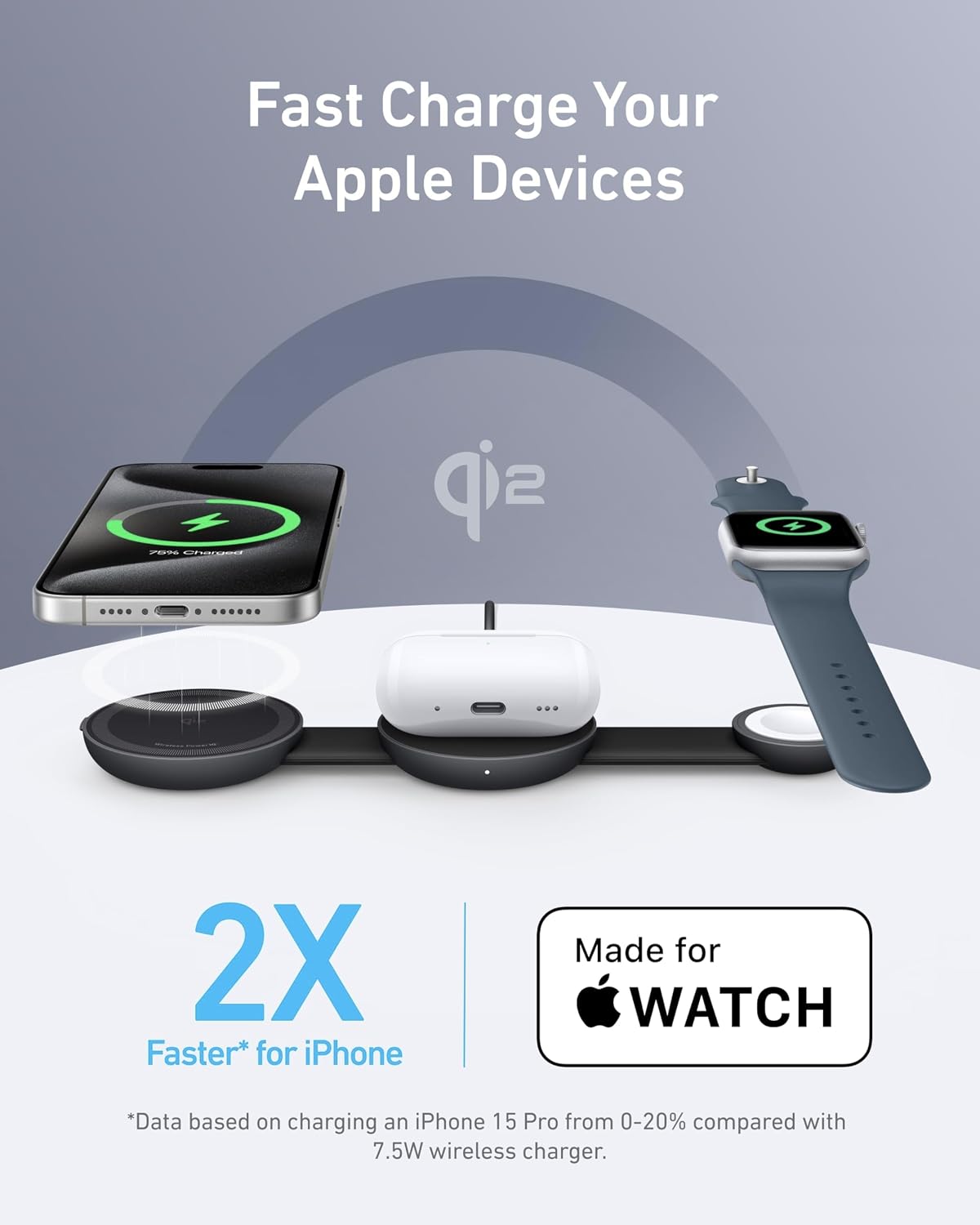 Anker MagSafe Compatible MagGo UFO 3-in-1 Charger, iPhone 17 Wireless Charging Station, 15W Qi2 Certified, Foldable Travel Charging Pad, for iPhone 17/16/15, AirPods, Apple Watch (Not a Power Bank)