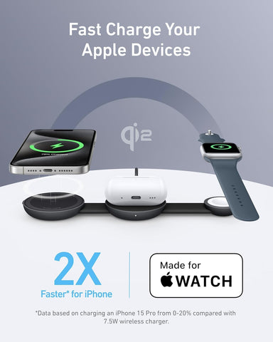 Anker MagSafe Compatible MagGo UFO 3-in-1 Charger, iPhone 17 Wireless Charging Station, 15W Qi2 Certified, Foldable Travel Charging Pad, for iPhone 17/16/15, AirPods, Apple Watch (Not a Power Bank)