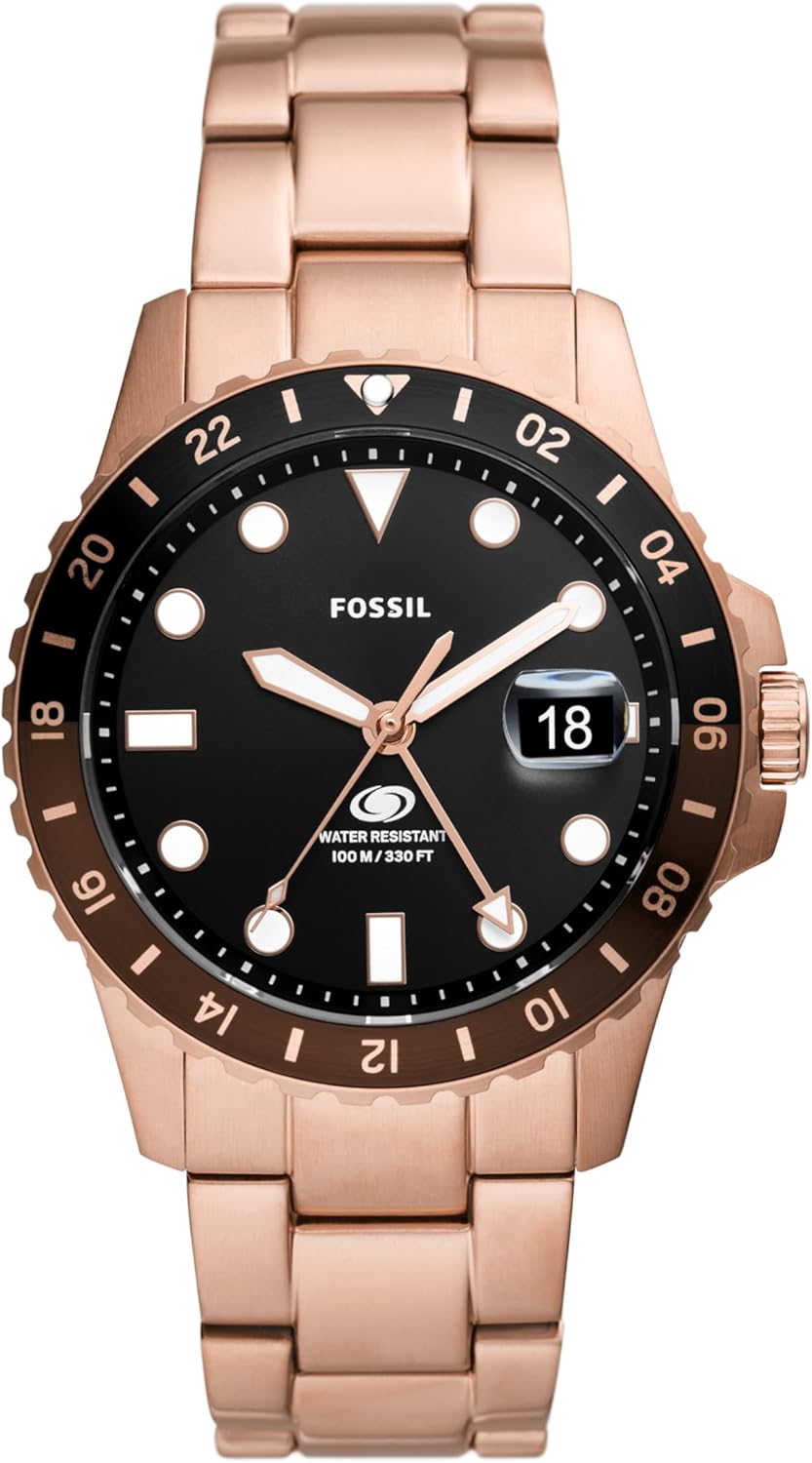 Fossil Men's Blue GMT Stainless Steel Three-Hand Watch, Color: Rose Gold/Chocolate (Model: FS6027)