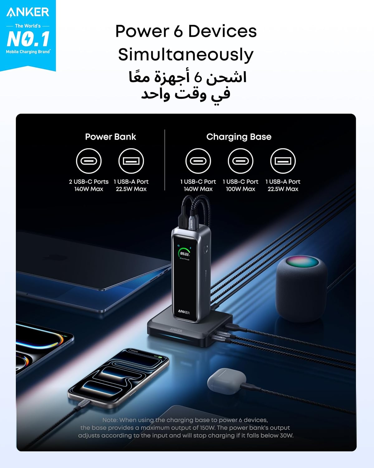 Anker Prime Power Bank and Charging Base, 26,250mAh 300W Max Portable Charger with Base for 6 Devices, Two-Way Charging, Flight-Approved, App Control, For MacBook, iPhone 17/16/15 Series, and More
