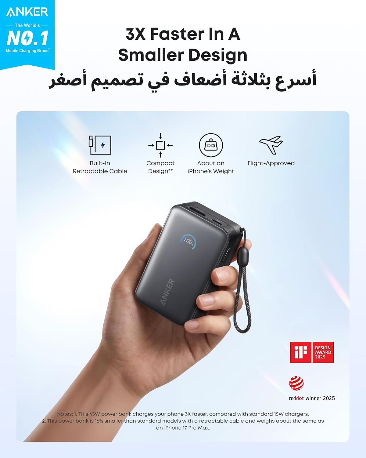 Anker Nano Power Bank, 10,000mAh Portable Charger with 2.3 ft InstaCord Retractable Cable, 45W Max Compact Battery Pack, Smart Display, for iPhone 17/16/15 Series, iPad, Galaxy, Pixel, and More